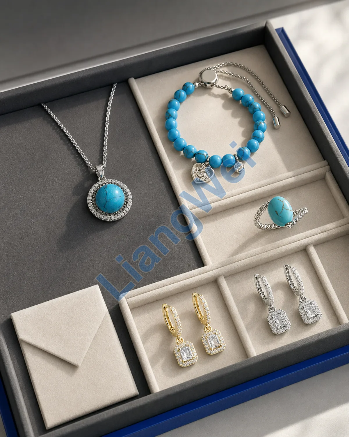 Liangwei Western turquoise-color and fashion jewelry references arranged for buyer review