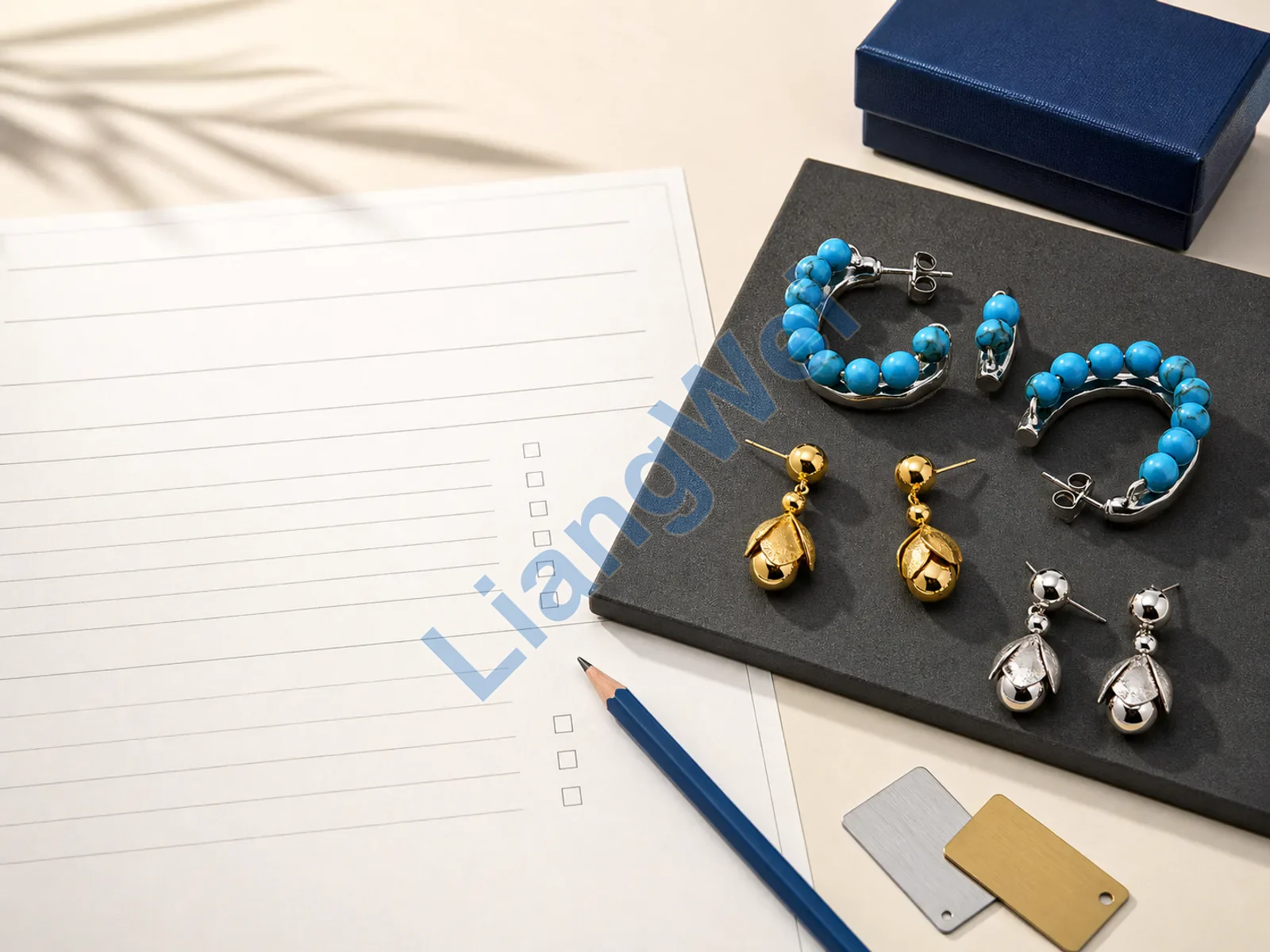 Jewelry samples arranged beside a blank project brief and finish swatches