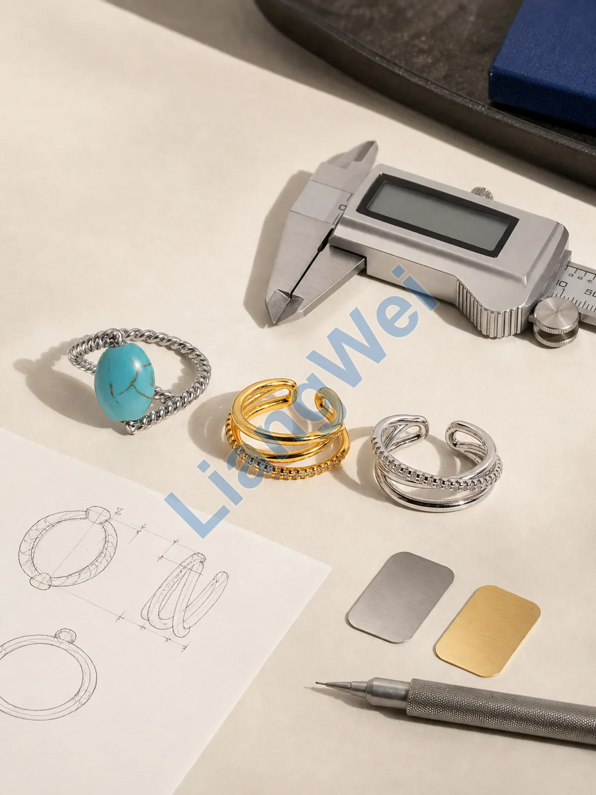 Turquoise and fashion rings reviewed with a caliper, sketch and finish swatches