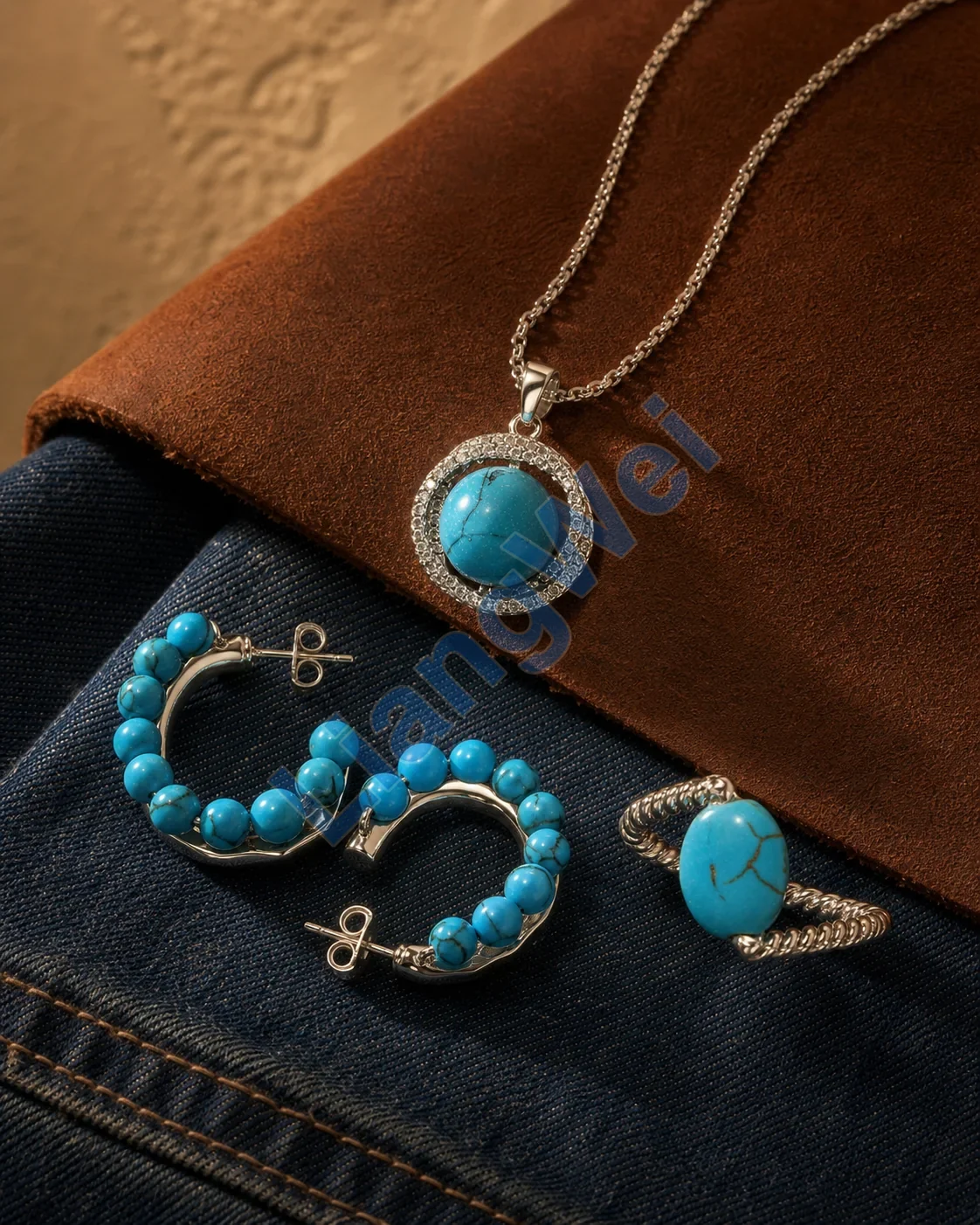 Turquoise Western pendant, earrings and ring styled on leather and denim