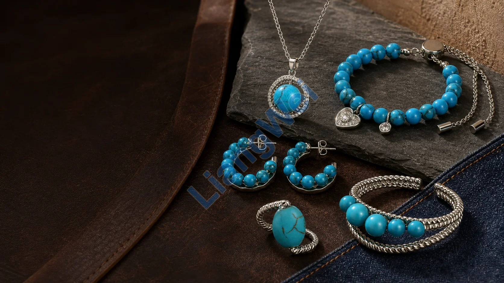 Turquoise Western jewelry collection styled on leather, slate and denim