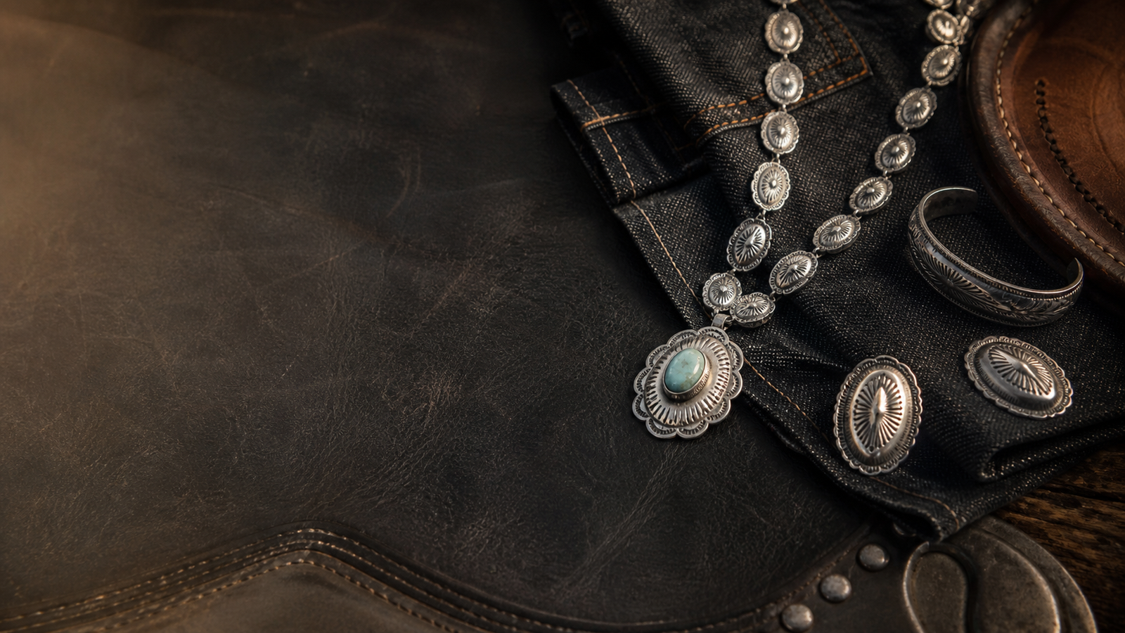 Western jewelry styled with leather, denim and silver details