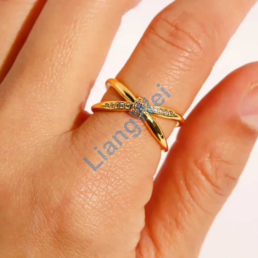Gold-Tone Crystal-Look Crossover Ring styled or worn view