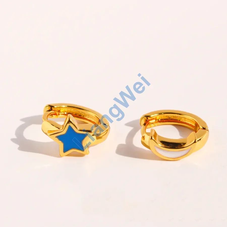 Gold-Tone Blue Star Hinged Hoop Earrings