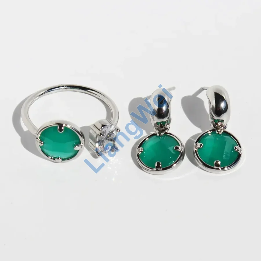 Silver-Tone Green Cabochon-Look Drop Earrings