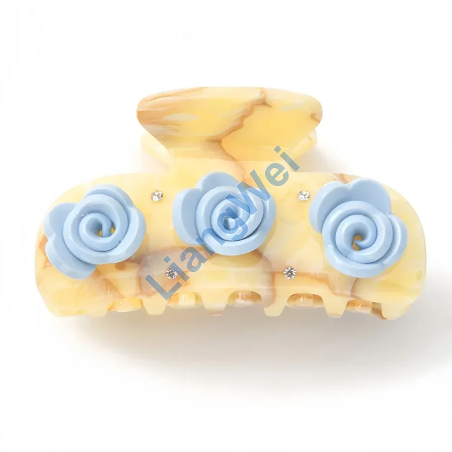 Yellow Marble-Look Blue Rose Hair Claw