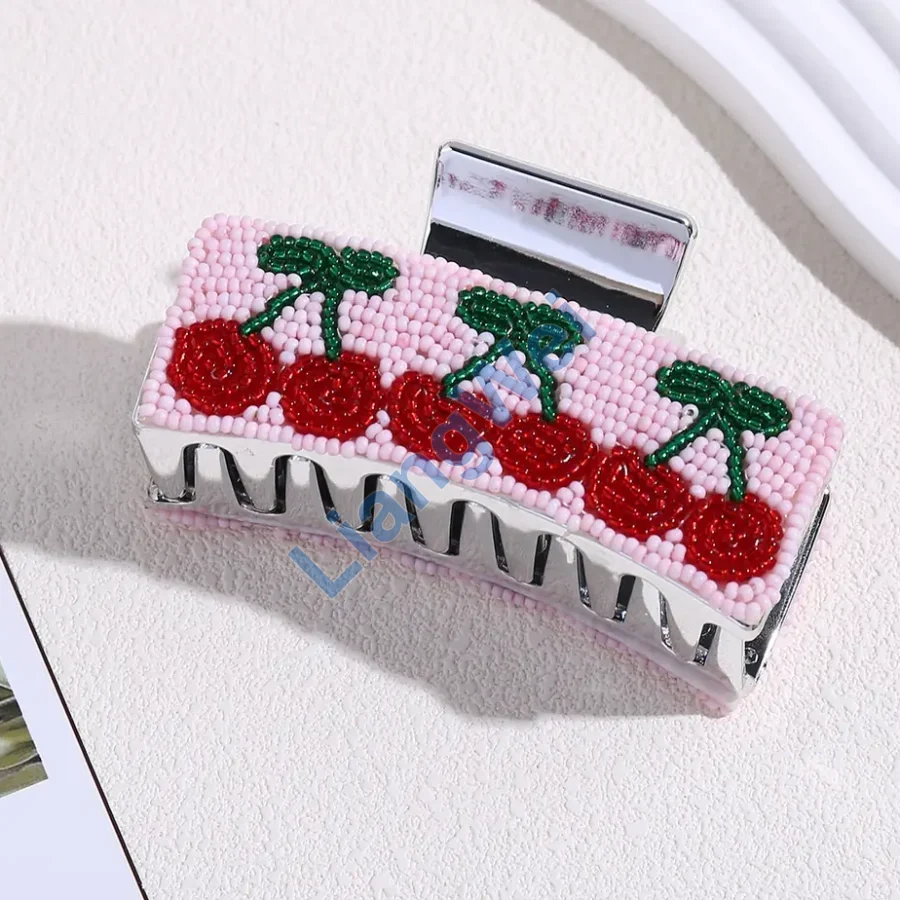 Cherry Beaded Rectangular Hair Claw