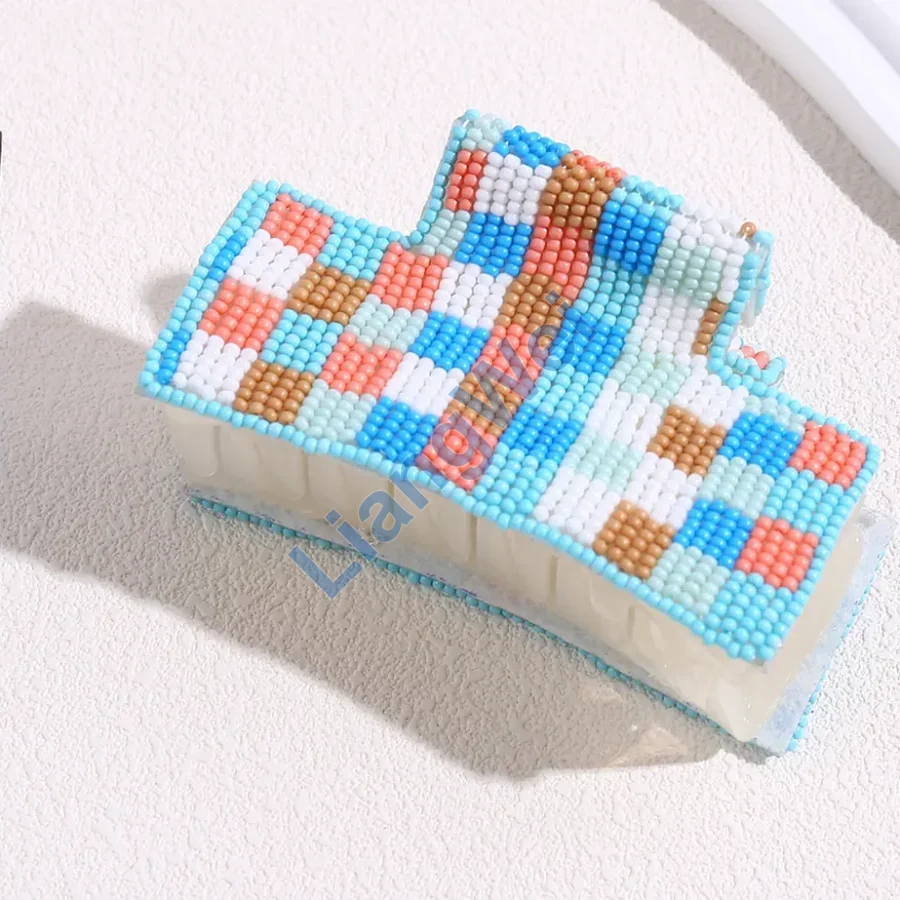 Blue and Orange Checkerboard Beaded Hair Claw