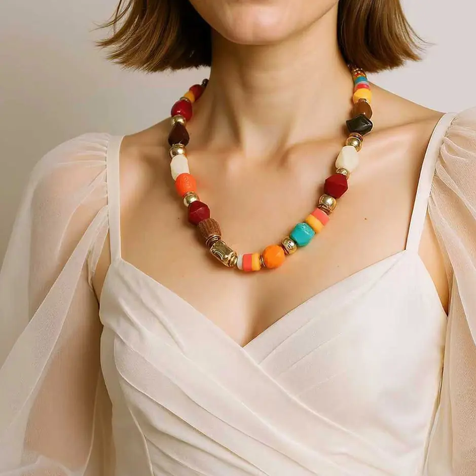 Fashion Resin & Beaded Necklace Design 004 styled or worn view