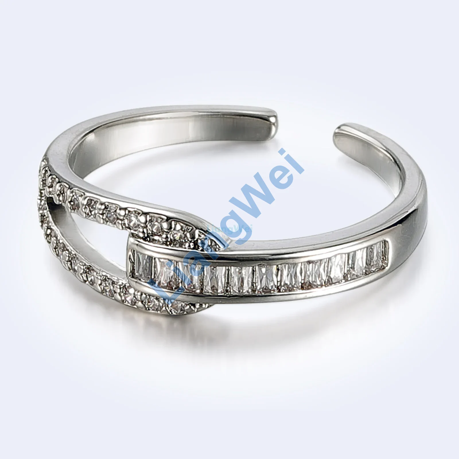 Baguette and Pave Silver-Tone Crossover Open Ring