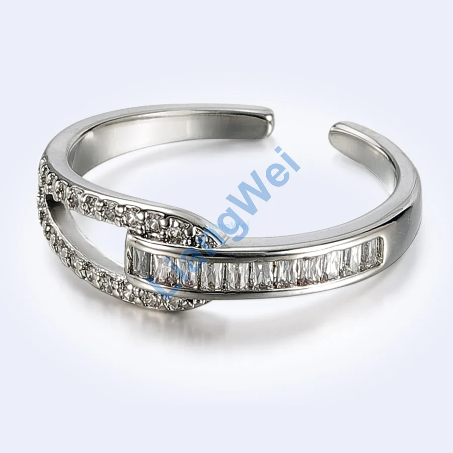 Baguette and Pave Silver-Tone Crossover Open Ring
