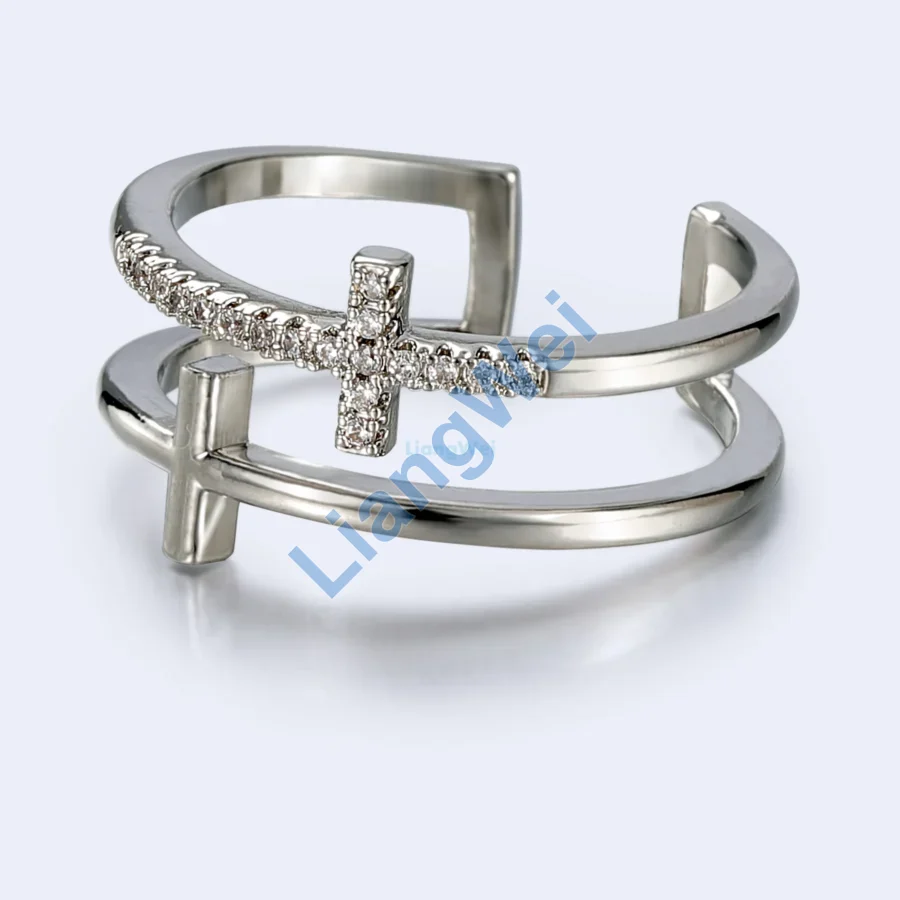 Cross-Bar Stone-Look Silver-Tone Open Ring